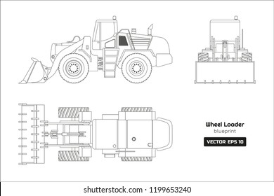 Outline drawing of wheel loader on white background. Top, side and front view. Diesel digger blueprint. Hydraulic machinery image. Industrial document of bulldozer. Vector isolated illustration