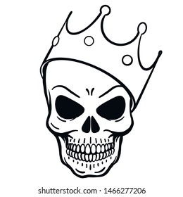 outline drawing of a wicked skull with a crown on its head. horror, halloween, king, illustration, vector.