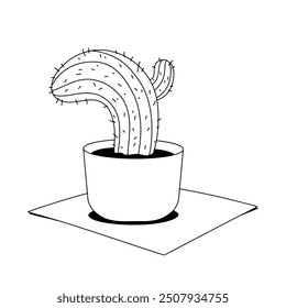 outline drawing of a withered cactus in a pot, coloring page. Vector illustration