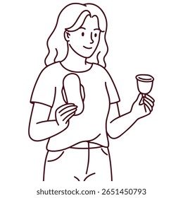 Outline drawing of woman holding menstrual cup in one hand and tampon in the other