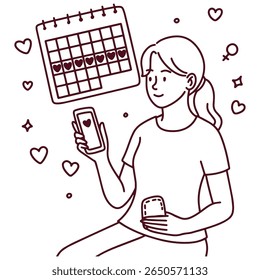 Desenho esquemático de mulher segurando smartphone e calendário menstrual para rastrear o ciclo menstrual