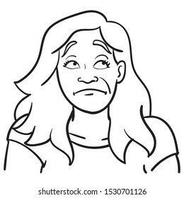 outline drawing of a woman with long hair who looks up bored. comic, vector, illustration.