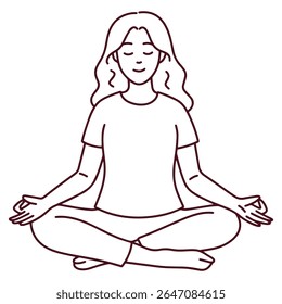 Outline drawing of woman in lotus position with eyes closed and hands on knees, practicing meditation and mindfulness, suitable for coloring page
