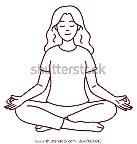 Outline drawing of woman in lotus position with eyes closed and hands on knees, practicing meditation and mindfulness, suitable for coloring page