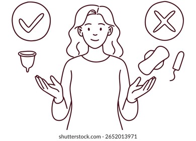 Desenho de esboço de mulher mostrando xícara menstrual e tampão com verificação e símbolos cruzados para aconselhamento de período