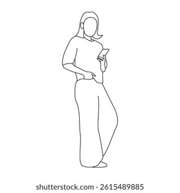 Outline Drawing of Woman Using Smartphone, Minimal Line Art Female Character with Casual Pose