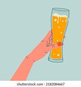 Outline drawing. Woman's hand holding glass of beer. Flat illustration for greeting cards, postcards, invitations, menu design. Line art template.