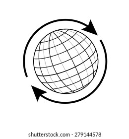 Outline drawing world globe with arrow around vector isolated icon. Earth globe silhouette