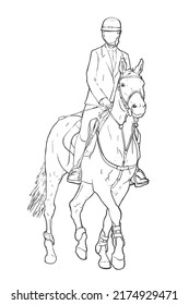 Outline drawing of young female riding a horse, equestrian sports theme hand drawn illustration