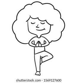 Outline Drawing Of A Young Girl With Curly Hair Who Is Doing A Yogastand And Has Shot Her Eyes. Monochrome, Vector, Contentment, Sport, Balance, Meditation.