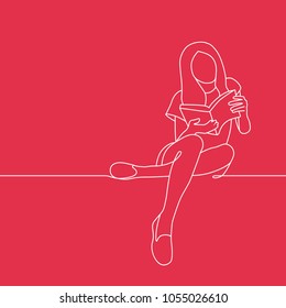 Outline drawing of young girl sitting and reading book