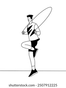 Dibujo de contorno, joven haciendo ejercicio, saltando con una cuerda de saltar. Ilustración vectorial