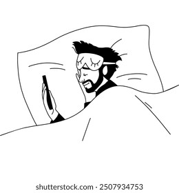 outline drawing of a young man sleeping in bed with a phone in his hand. Vector illustration