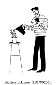 Outline drawing, young man watering a cactus while looking at his phone. Vector illustration