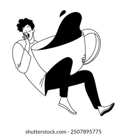 Outline drawing, young man yawning and hugging a large cup of coffee. Vector illustration