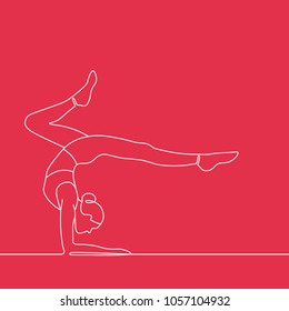 Outline drawing of young woman practicing yoga, standing in handstand exercise Pincha Mayurasana pose with bent legs
