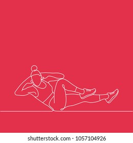 Outline drawing of young woman in sportswear  practicing abs workout, doing crunch exercise on floor