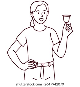 Outline drawing of young woman standing and holding menstrual cup. She shows confidence while presenting reusable hygiene product