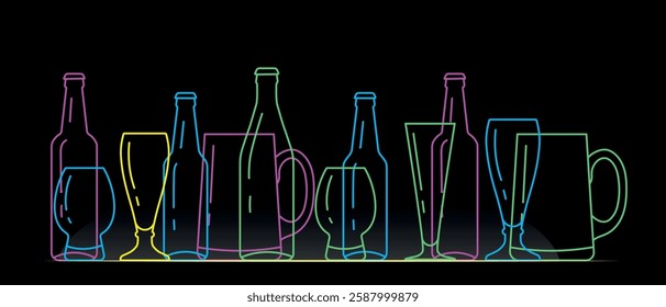 Outline drawings of alcohol bottles, wine glasses, cocktails. Vector design for pub, bar menu, line art