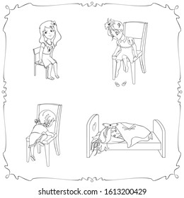 Outline drawings for coloring. A girl sits on a chair, a girl climbs on a chair, a girl sleeps in bed, slippers fell off the girl. Vector illustration. Cartoon character