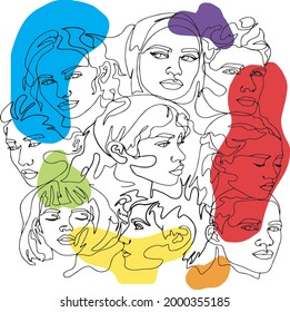 Outline drawings faces of people on white background with color spots. Multiracial people. All ethnics around the world.  