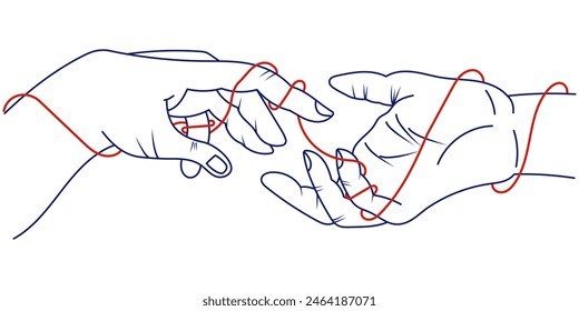 Outline drawings.Two hands with red thread connected together isolated on white background. minimal design