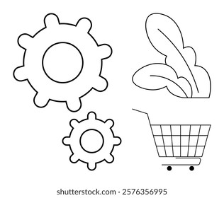 Outline drawings of two gears, a leafy plant, and a shopping cart. Ideal for themes like technology, gardening, shopping, mechanics, and sustainability. Clean, minimalistic, vector style