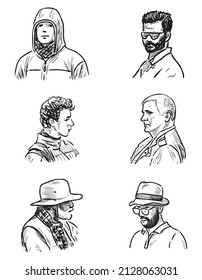 Outline drawings of various male portraits different age 