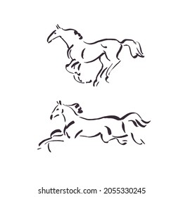 Outline drawings of wild horses, galloping stallion, equestrian logo design, horse illustration