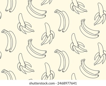 Contorno dibujado patrón sin costuras de plátano. Fruta tropical madura. Pelado y un montón de bananas de fondo. Ilustración de boceto de línea de Doodle moderno. Patrón para embalaje, cubierta, Fondo de pantalla