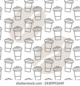 Outline drawn disposable coffee cup seamless pattern on a coffee beans background. Abstract backdrop