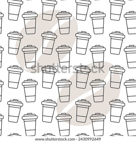 Outline drawn disposable coffee cup seamless pattern on a coffee beans background. Abstract backdrop