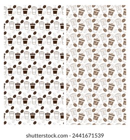 Outline drawn disposable cups and coffee beans in trendy monochrome brown Seamless pattern Set of 2