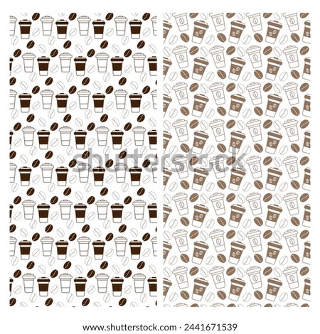 Outline drawn disposable cups and coffee beans in trendy monochrome brown Seamless pattern Set of 2