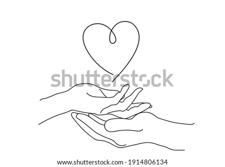 Outline drawn, hand in hand and heart. The concept of love, unity. Modern vector illustration isolated on white. For Gift Card, postcard, stickers, fabric, t-shirt, posters, gifts, textiles