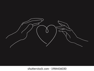 Outline drawn Love concept. Lovers pull each other with their palms. Touch. Modern vector illustration isolated on dark. For Gift Card, stickers, postcard, fabric, t-shirt, posters, gifts, textiles