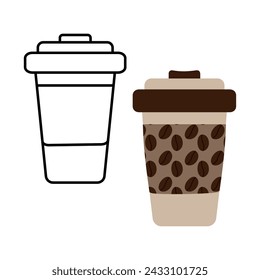 Outline drawn and patterned disposable cups with lid. Set of 2. Sticker, icon Isolated design idea