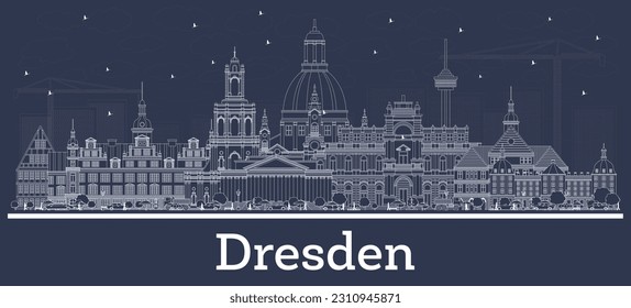 Outline Dresden Germany City Skyline with White Buildings. Vector Illustration. Business Travel and Tourism Concept with Historic Architecture. Dresden Cityscape with Landmarks.