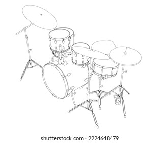 Outline of a drum musical set from black lines isolated on a white background. Isometric view. 3D. Vector illustration.