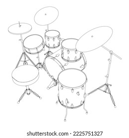 Outline of a drum musical set from black lines isolated on a white background. Isometric view. 3D. Vector illustration.