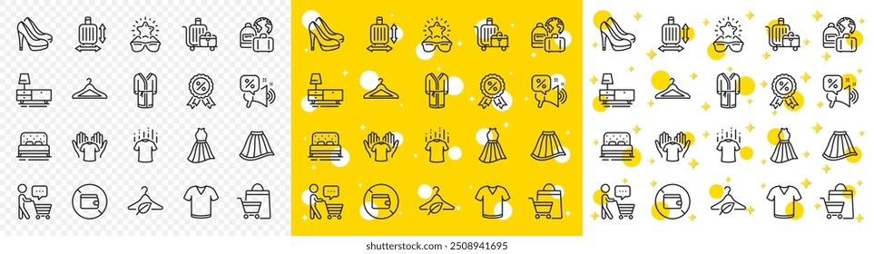 Outline Dry t-shirt, T-shirt and Best glasses line icons pack for web with Buyer think, Baggage, Bed line icon. Dresser, Sale bags, Discounts offer pictogram icon. Wallet, Bathrobe, Shoes. Vector