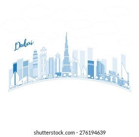 Outline Dubai City skyline with blue skyscrapers and copy space. Vector illustration. Business travel concept. Famous place in the world for vacation. Interesting tourism destination