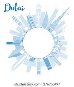 Outline Dubai City skyline with blue skyscrapers and copy space. Vector illustration. Business and tourism concept with place for text. Image for presentation, banner, placard and web site