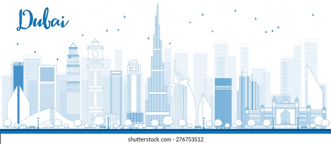 Outline Dubai City skyline with blue skyscrapers. Vector illustration