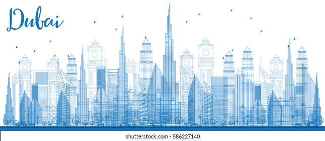 Outline Dubai Skyline with City Skyscrapers. Front View Through Buildings. Vector Illustration. Business Travel and Tourism Concept with Modern Architecture.