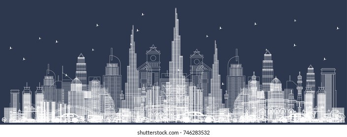 Outline Dubai Skyline with City Skyscrapers. Front View Through Buildings. Vector Illustration. Business Travel and Tourism Concept with Modern Architecture.