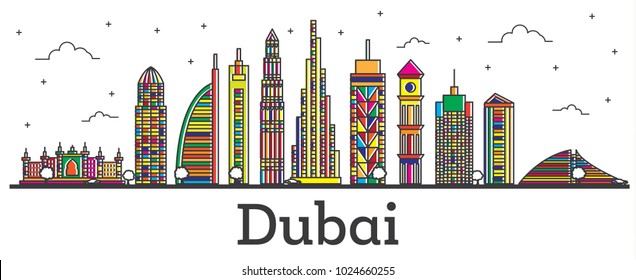 Outline Dubai UAE City Skyline with Color Buildings Isolated on White. Vector Illustration. Line Art Dubai Cityscape with Landmarks.