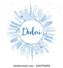 Outline Dubai UAE City Skyline with Blue Buildings and Copy Space. Vector Illustration. Business Travel and Tourism Illustration with Modern Architecture. Dubai Cityscape with Landmarks.