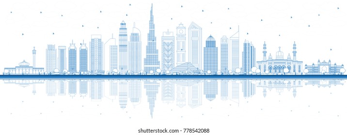 Outline Dubai UAE City Skyline with Blue Buildings and Reflections. Vector Illustration. Business Travel and Tourism Illustration with Modern Architecture. Dubai Cityscape with Landmarks.