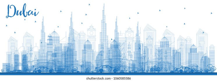 Outline Dubai UAE Skyline with Blue Buildings. Vector Illustration. Business Travel and Tourism Illustration with Modern Architecture. Dubai Cityscape with Landmarks.